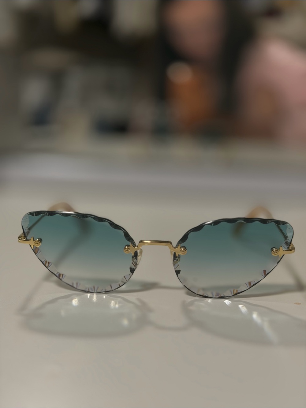 Chloe Gold Frame Teal Gradient Scalloped Rim Sunglasses